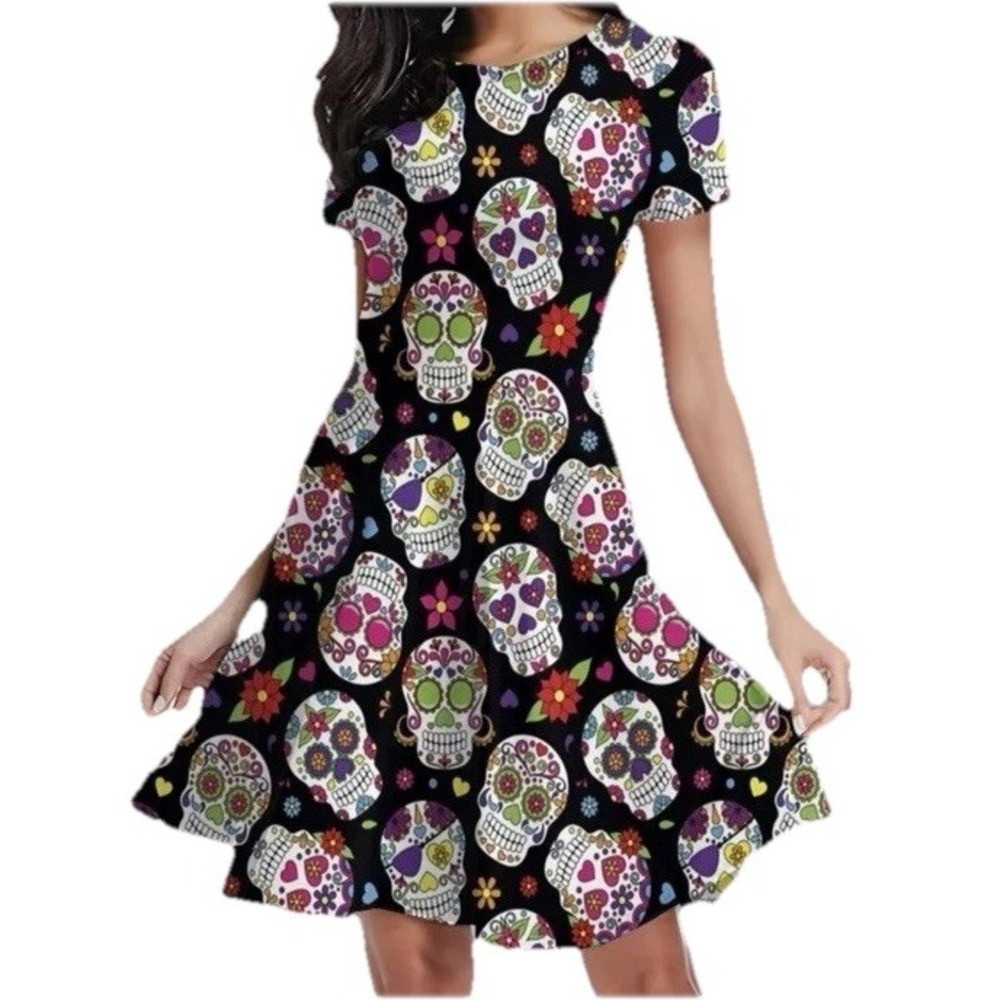 Fensace Dress‎ Women's M Black Sugar Skull Dios Muerte Whimsigoth Rockabilly